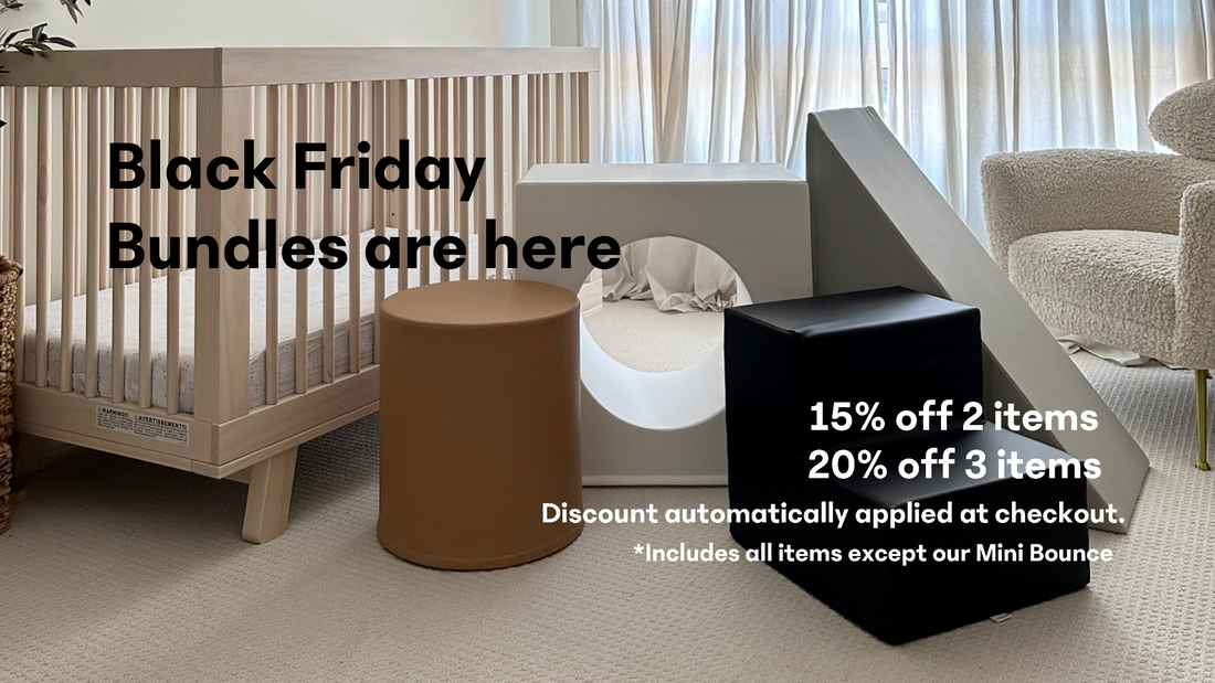 Black Friday kids furniture bundles with crib, poufs, play pieces; save 15% on two items or 20% on three.